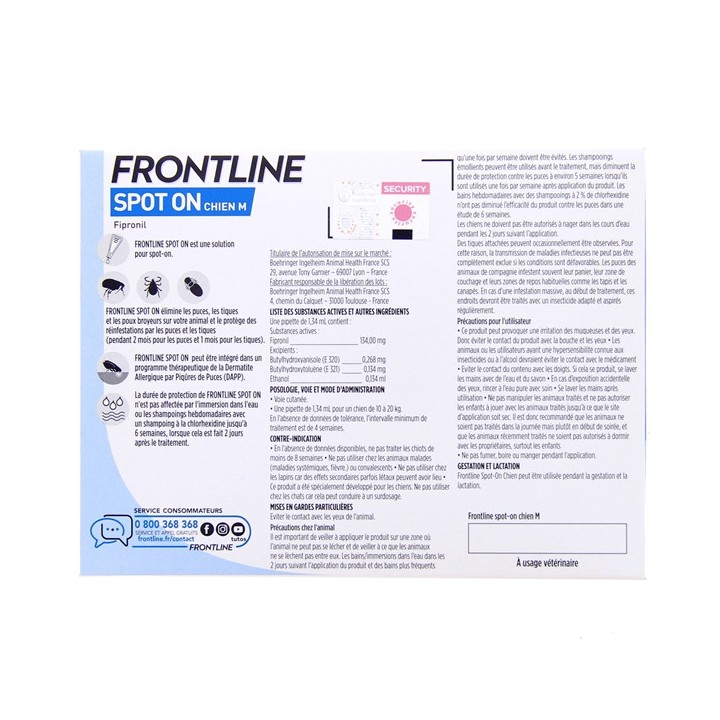 Frontline Spot-on chiens M x3 pipettes (10-20kg) - Frontline - Produits vétérinaires