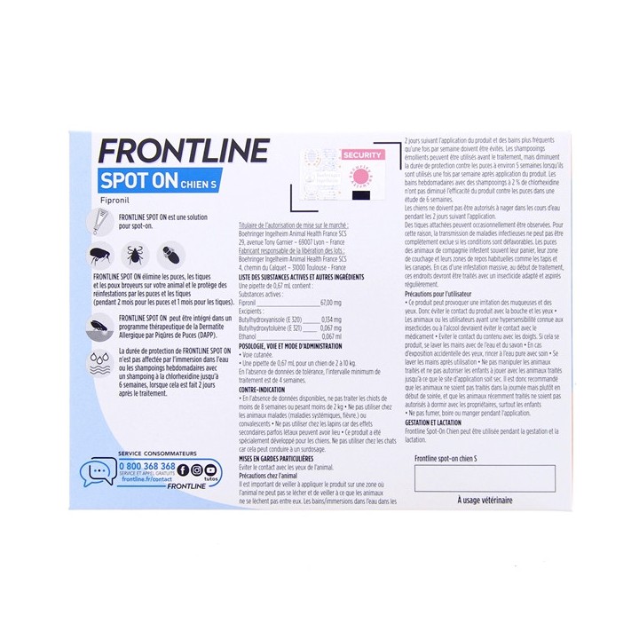 Frontline Spot-On chiens S x3 pipettes (2-10kg) - Frontline - Produits vétérinaires