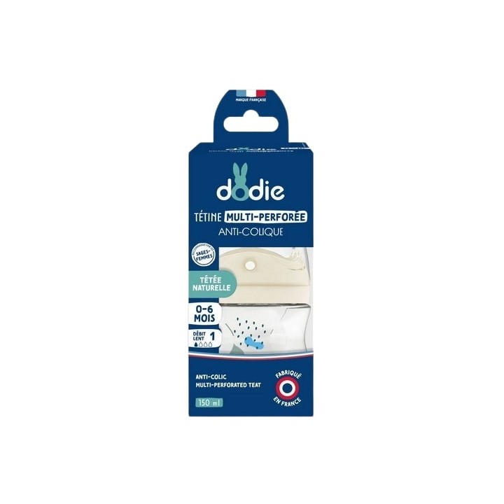 Biberon Tétine multi-perforée anti-coliques Débit 1 Nature Bleu 150ml - Dodie - IllicoPharma