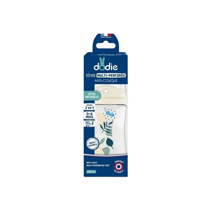 Biberon Tétine multi-perforée anti-coliques Débit 2 Nature Bleu 270ml - Dodie - IllicoPharma
