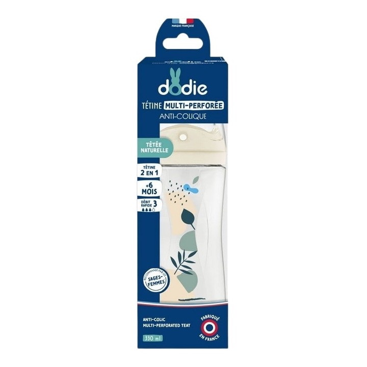 Biberon Tétine multi-perforée anti-coliques Débit 3 Nature Bleu 330ml - Dodie - IllicoPharma