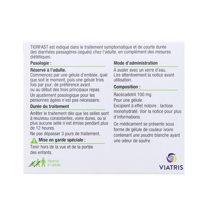 Tiorfast 100mg x10 gélules - Viatris - Diarrhée - Pharmacie en ligne IllicoPharma