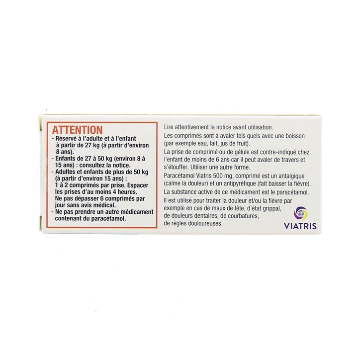 Paracétamol 500mg x16cpr - Viatris - Pharmacie en ligne IllicoPharma