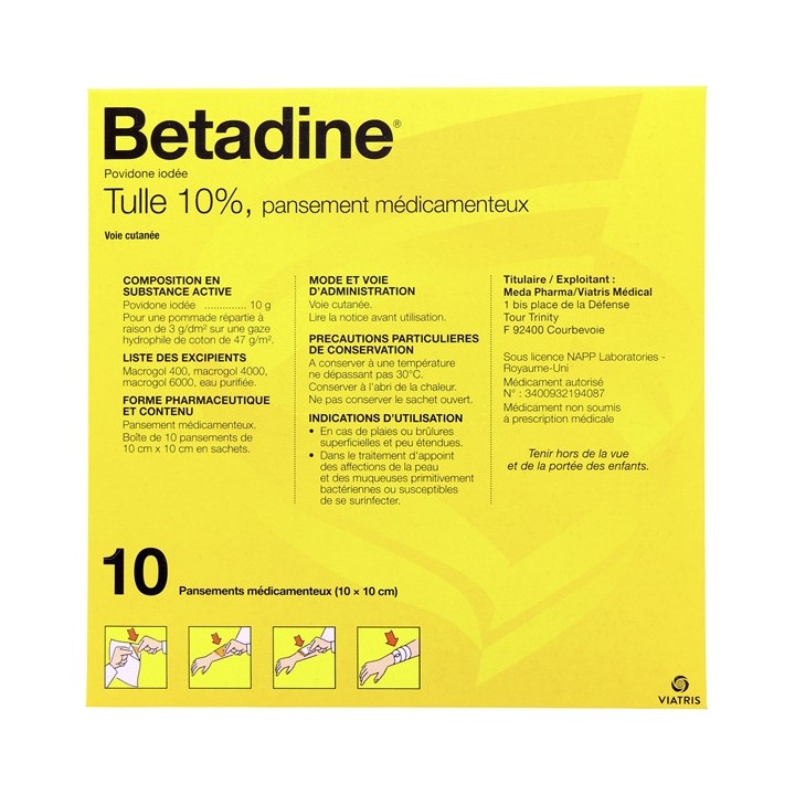 Betadine Tulle 10% x10 Pansements 10x10cm - Pharmacie en ligne IllicoPharma