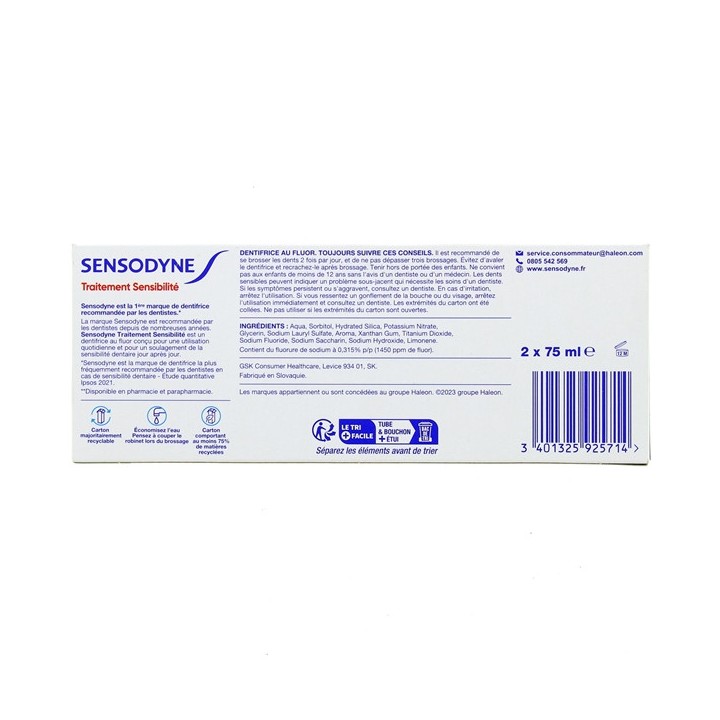 Dentifrice Traitement Sensibilité 2x75ml - Sensodyne - IllicoPharma