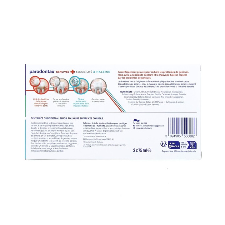 Dentifrice Gencives + Sensibilité & Haleine 2x75ml - Parodontax - IllicoPharma