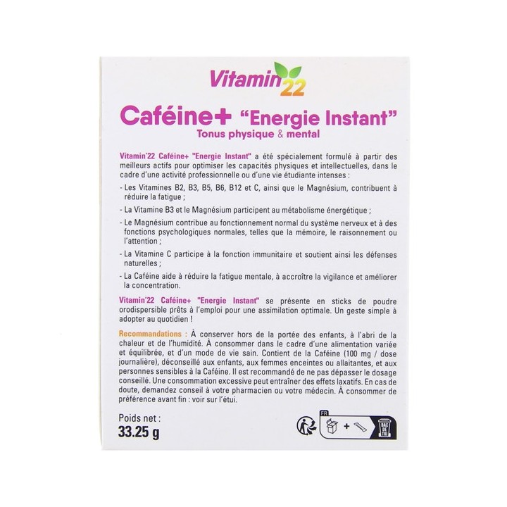 Caféine+ Energie Instant x14 sticks de poudre Vitamin'22 - IllicoPharma