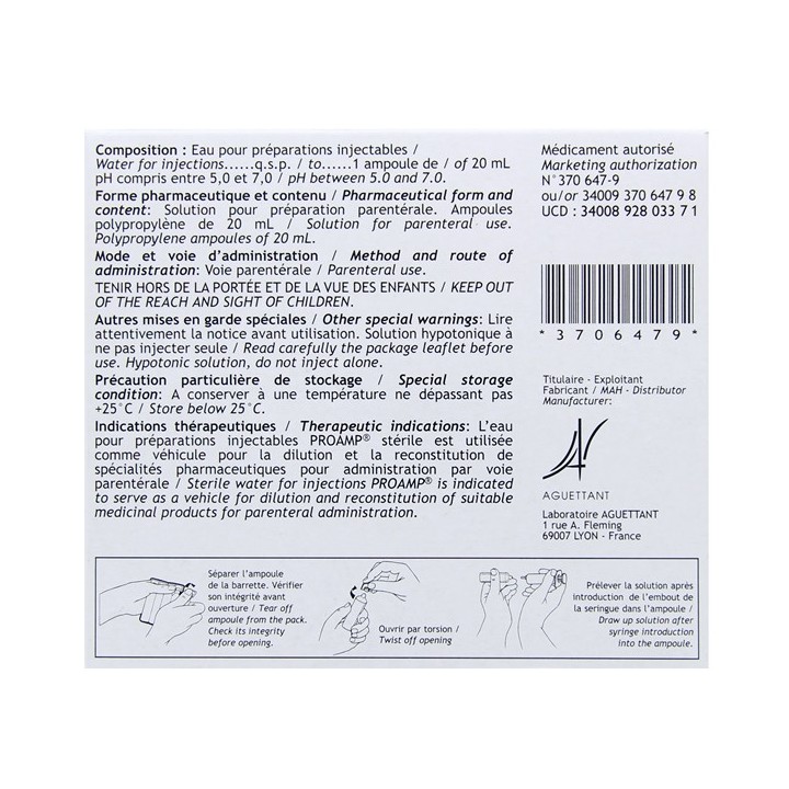 Eau pour préparations injectables Proamp 20Amp/20ml-Liquide-IllicoPharma
