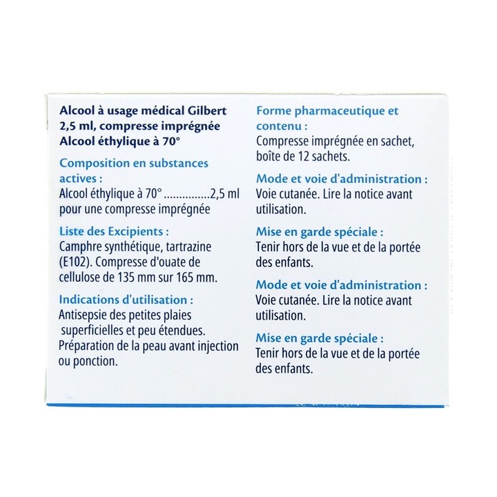 Alcool Gilbert 2,5 ml Compresses imprégnées-Mal des transports, voyage-IllicoPharma