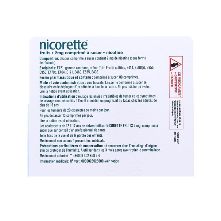 Nicorette 80 Comprimés Fruits à sucer 2mg - Arrêt du tabac - IllicoPharma