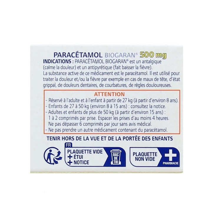 Paracétamol Biogaran 500mg 16cpr, Paracétamol, e-Pharmacie IllicoPharma