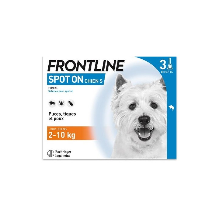 Frontline Spot-On chiens S x3 pipettes (2-10kg) - Frontline - Produits vétérinaires