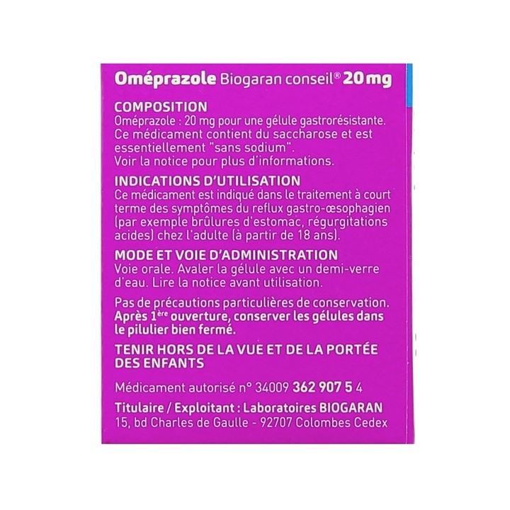 Omeprazole Biogaran 20mg 7gélules, Maux d'estomac, e-Pharmacie IllicoPharma