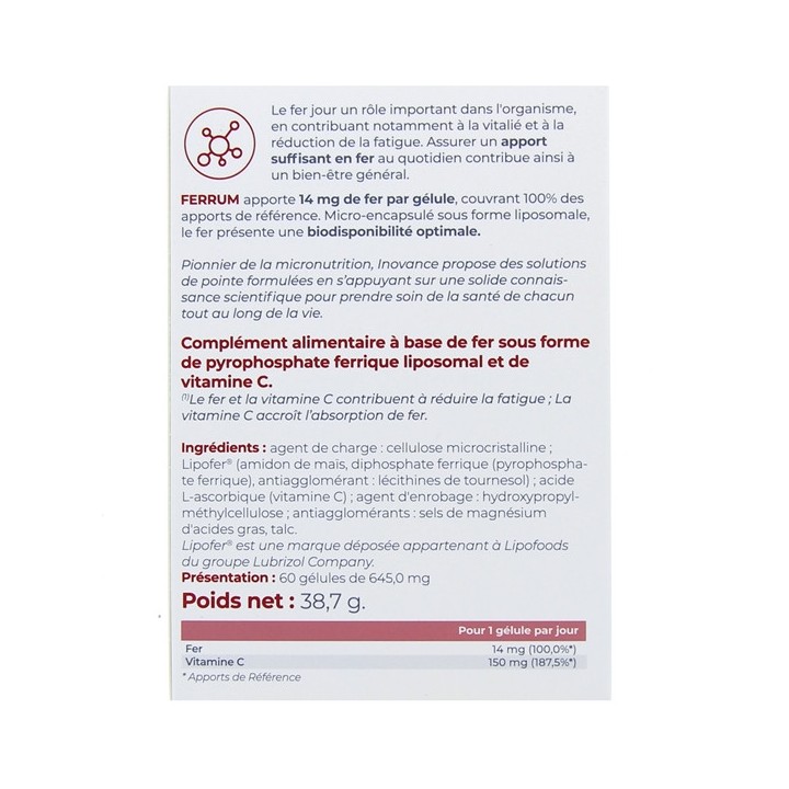 Inovance - Ferrum - x60 gélules - Ysonut -  IllicoPharma