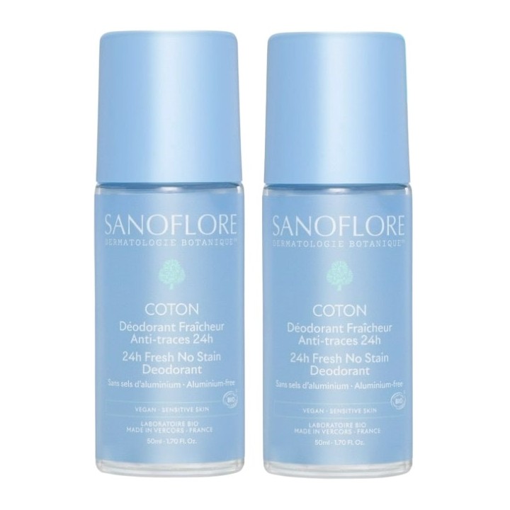 Déodorant Fraîcheur Coton 24h Bio Roll-On 2x50ml - Sanoflore - IllicoPharma