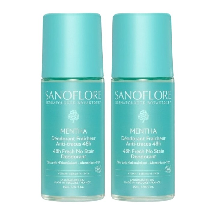 Déodorant Fraîcheur Mentha 48h Bio Roll-on 2x50ml - Sanoflore - IllicoPharma