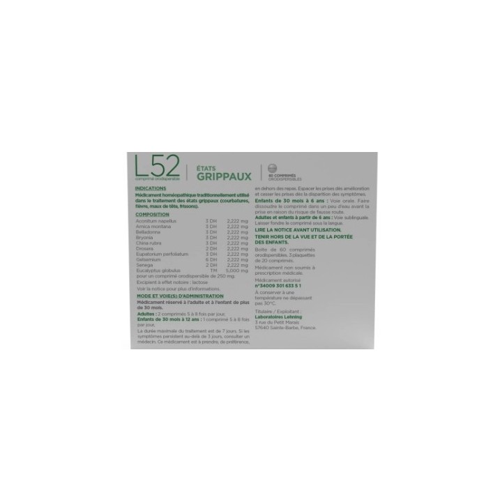 L52 Etats Grippaux x60cpr orodispersibles Lehning