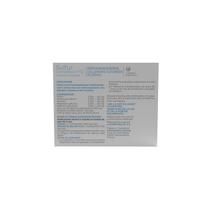 Sulfur n°12 x60 comprimés Lehning - Eczéma & Allergies Cutannées
