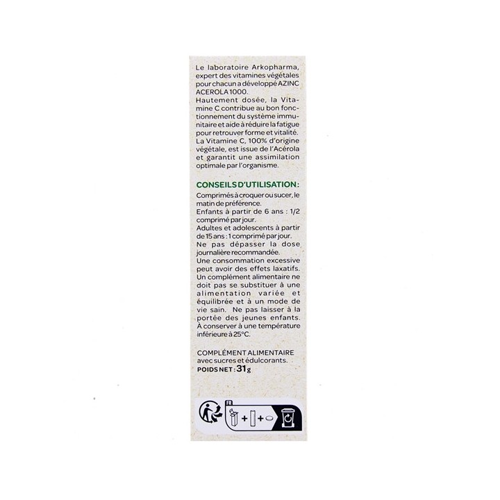 Azinc Acérola 1000 - Tube de 15 comprimés à croquer - Arkopharma - Illicopharma