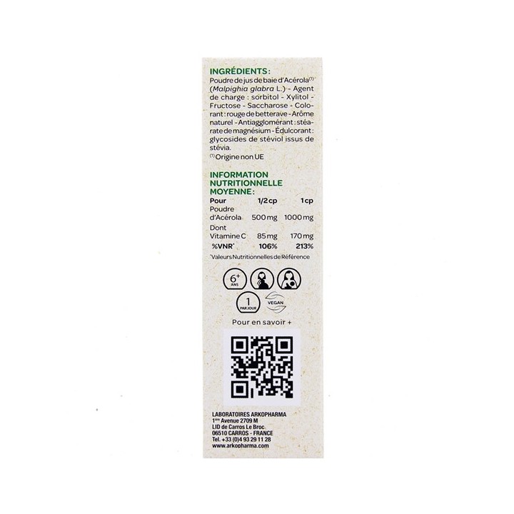 Azinc Acérola 1000 - Tube de 15 comprimés à croquer - Arkopharma - Illicopharma