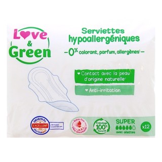 Serviettes Hypoallergéniques Super x12 - Love & Green - IllicoPharma