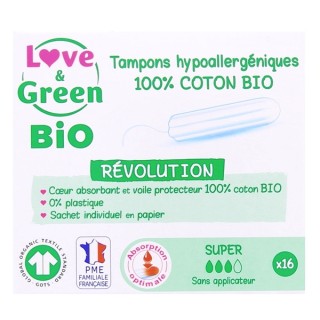 Tampons Coton Bio Sans Applicateur Super x16 - Love & Green - IllicoPharma
