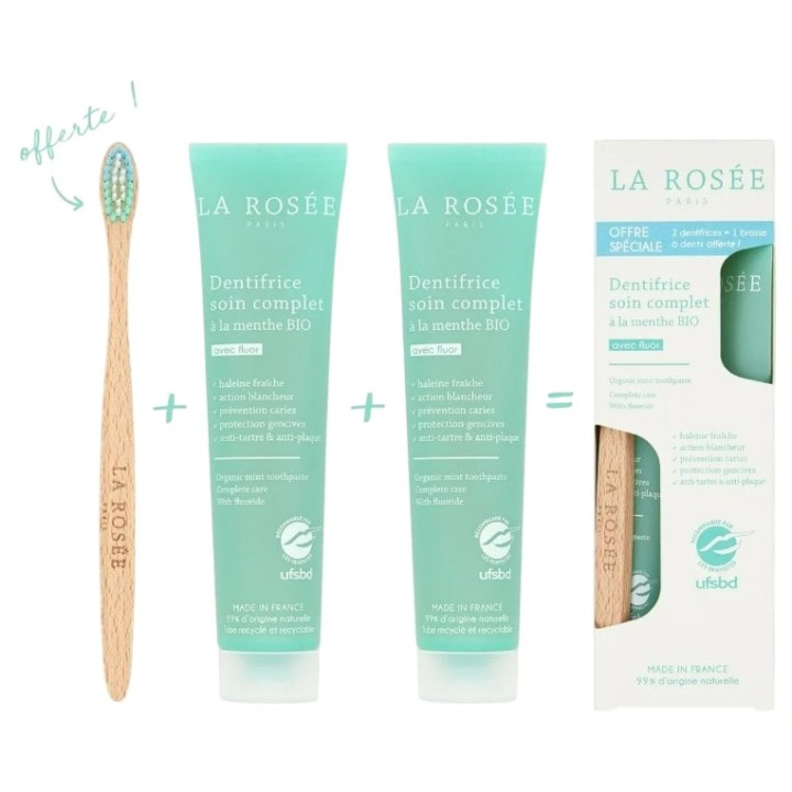 Dentifrice Soin Complet Menthe Bio 2x75ml + Brosse à Dents Offerte - La Rosée - IllicoPharma