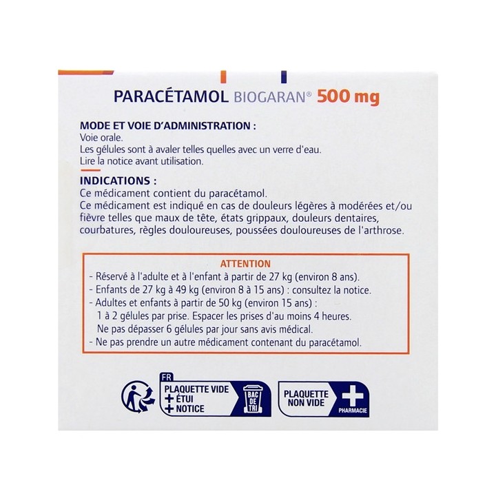 Paracétamol Biogaran 500mg 16gélules, Paracétamol, e-Pharmacie IllicoPharma
