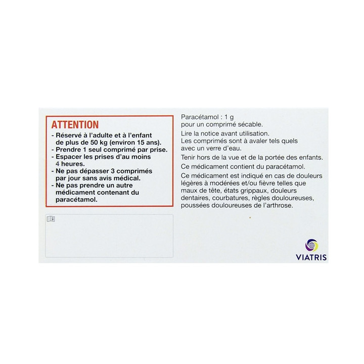 Paracétamol 1000mg x8cpr sécables - Viatris - Pharmacie en ligne IllicoPharma
