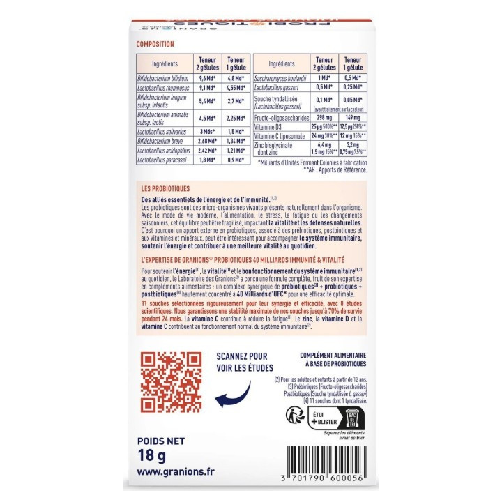 Probiotiques Immunité & Vitalité x40 gélules – Granions – IllicoPharma