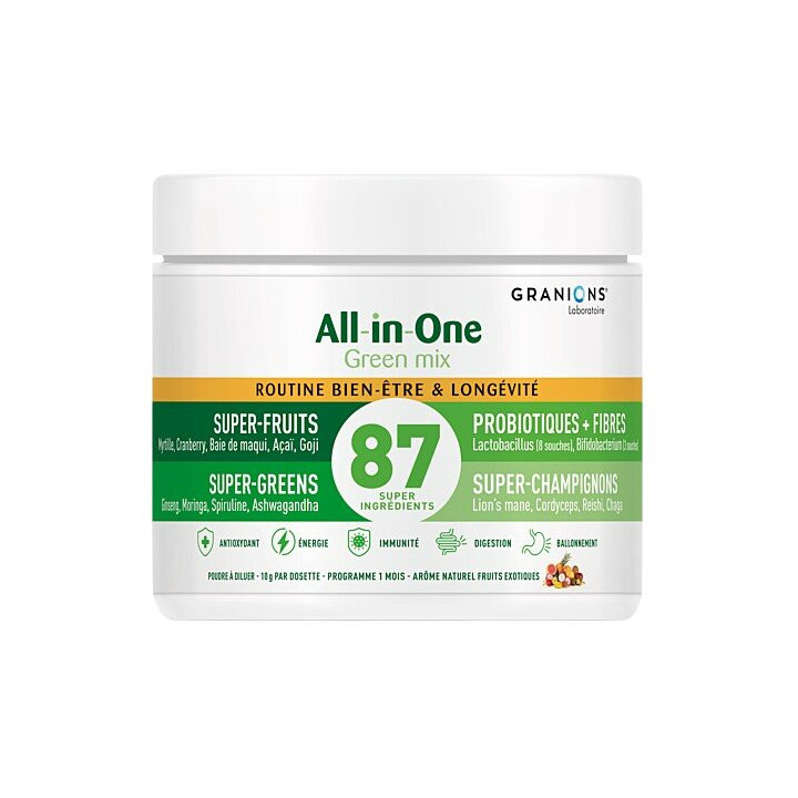 All-In-One Green Mix Bien-Être & Longévité Poudre Pot 170g – Granions – IllicoPharma