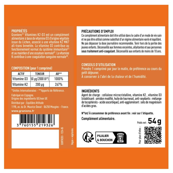 Vitamines K2-D3 x60cpr - Granions - IllicoPharma