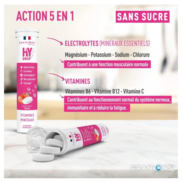 Hydrop Hydratation Électrolytes Fraise x20cpr effervescents - Granions - IllicoPharma