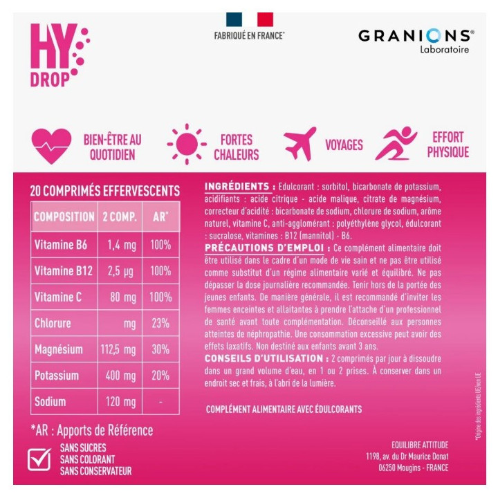 Hydrop Hydratation Électrolytes Fraise x20cpr effervescents - Granions - IllicoPharma