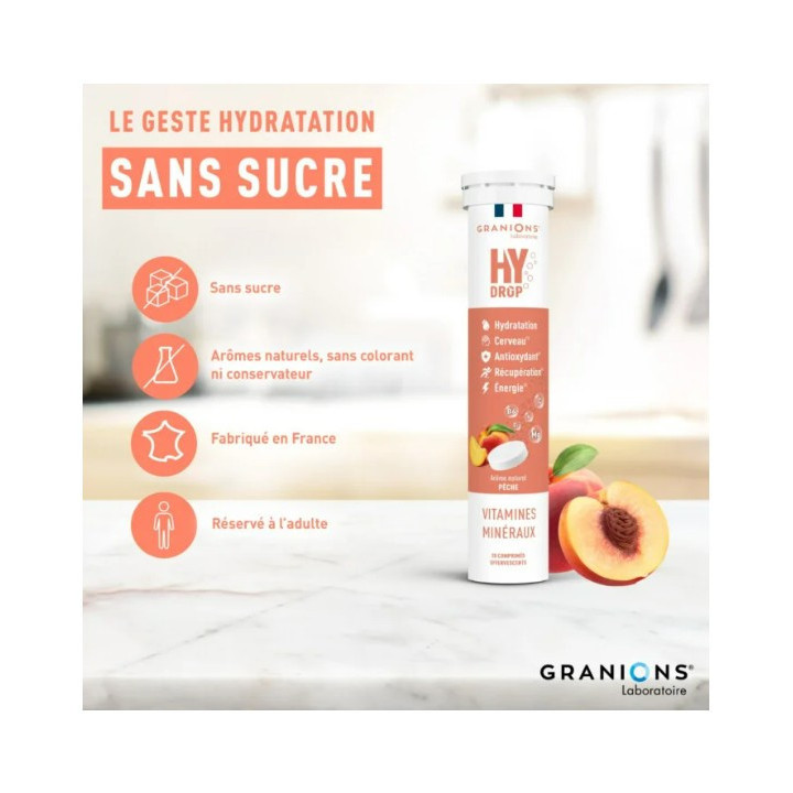Hydrop Hydratation Électrolytes Pêche x20cpr effervescents - Granions - IllicoPharma