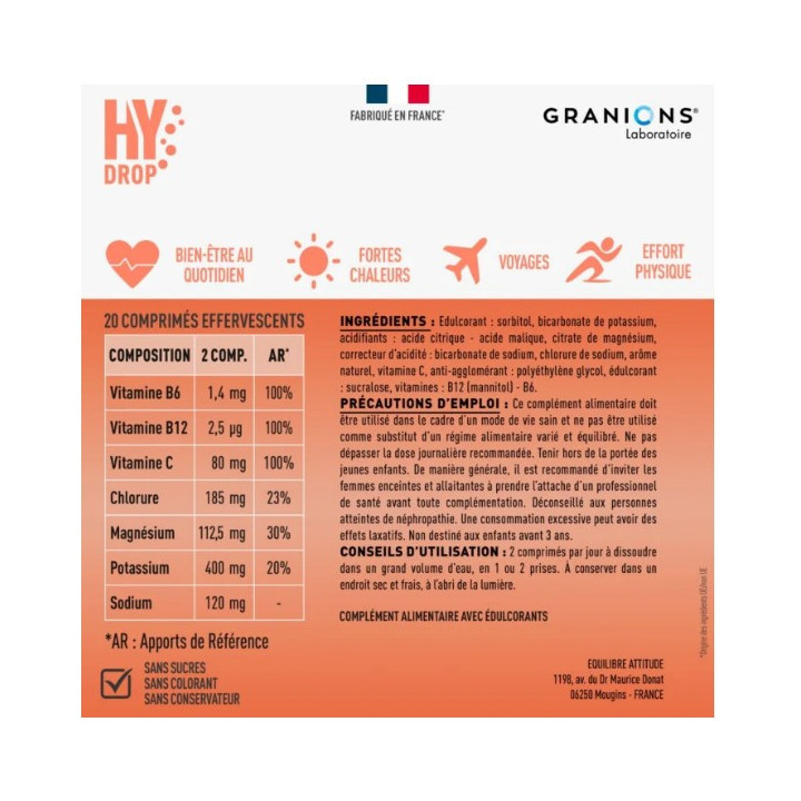 Hydrop Hydratation Électrolytes Pêche x20cpr effervescents - Granions - IllicoPharma