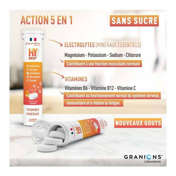 Hydrop Hydratation Électrolytes Agrumes x20cpr effervescents - Granions - IllicoPharma