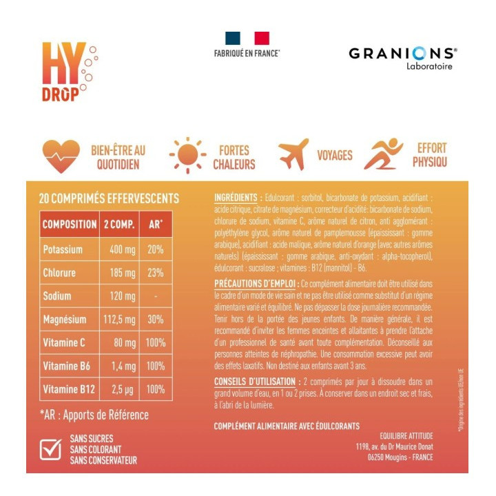 Hydrop Hydratation Électrolytes Agrumes x20cpr effervescents - Granions - IllicoPharma