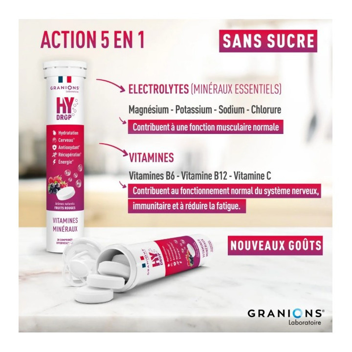 Hydrop Hydratation Électrolytes Fruits Rouges x20cpr effervescents - Granions - IllicoPharma