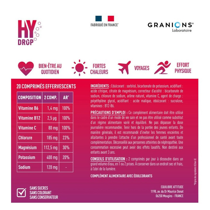Hydrop Hydratation Électrolytes Fruits Rouges x20cpr effervescents - Granions - IllicoPharma