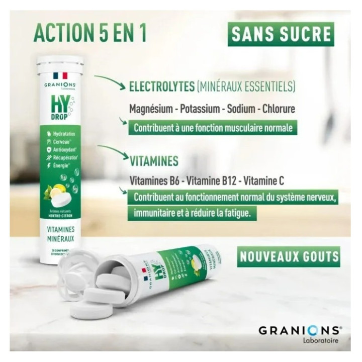Hydrop Hydratation Électrolytes Menthe Citron x20cpr effervescents - Granions - IllicoPharma