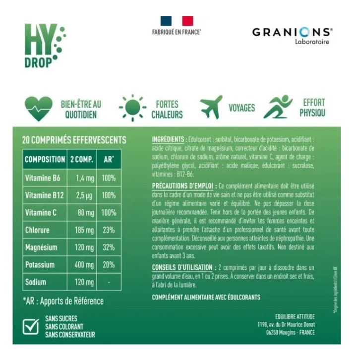 Hydrop Hydratation Électrolytes Menthe Citron x20cpr effervescents - Granions - IllicoPharma