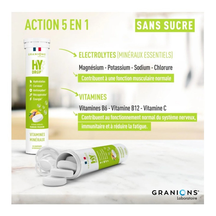 Hydrop Hydratation Électrolytes Mangue Passion x20cpr effervescents - Granions - IllicoPharma