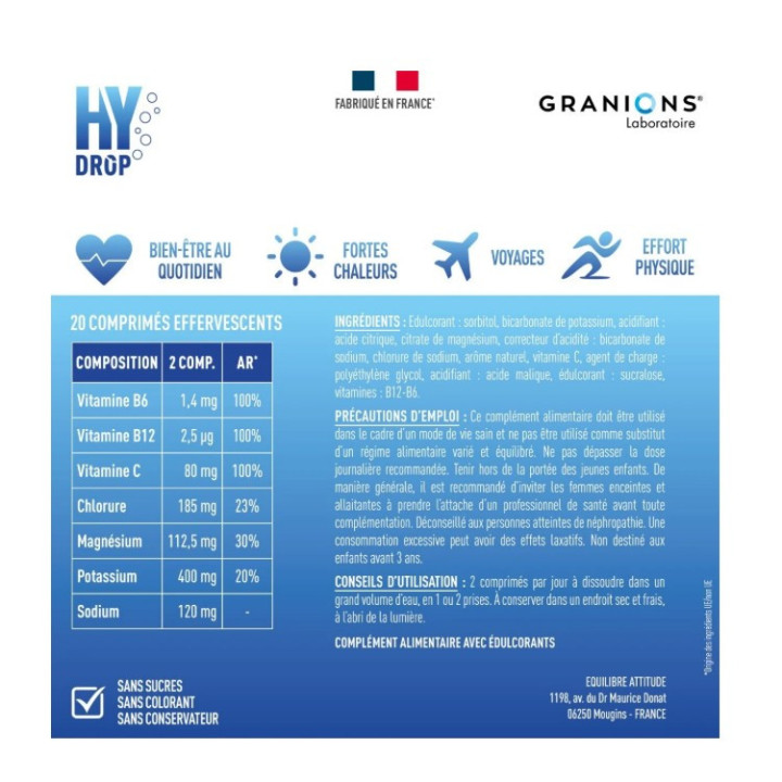 Hydrop Hydratation Électrolytes Neutre x20cpr effervescents - Granions - IllicoPharma