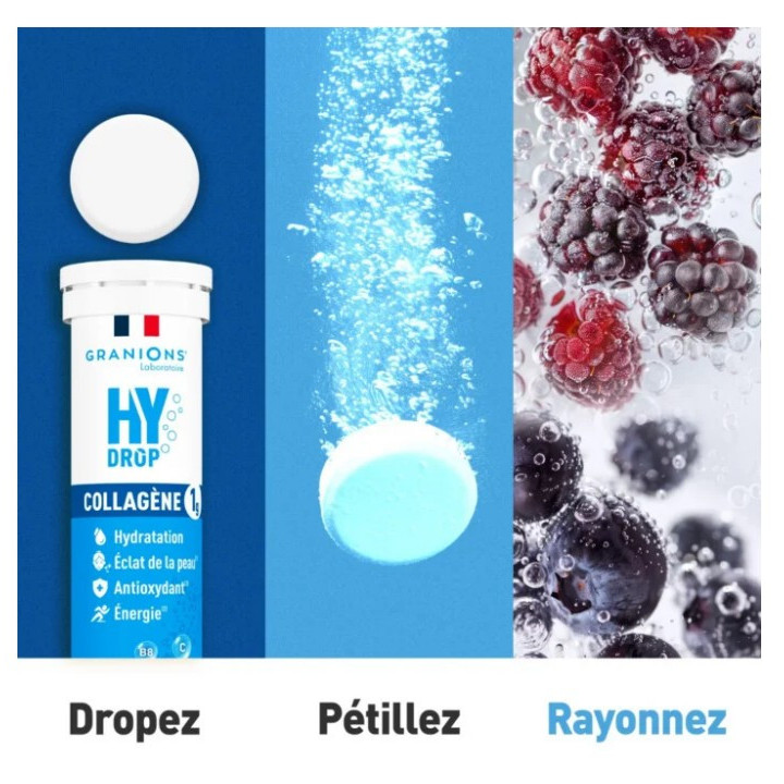 Hydrop Collagène Hydratation Électrolytes Framboise Cassis x18cpr effervescents - Granions - IllicoPharma