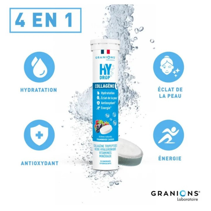 Hydrop Collagène Hydratation Électrolytes Framboise Cassis x18cpr effervescents - Granions - IllicoPharma