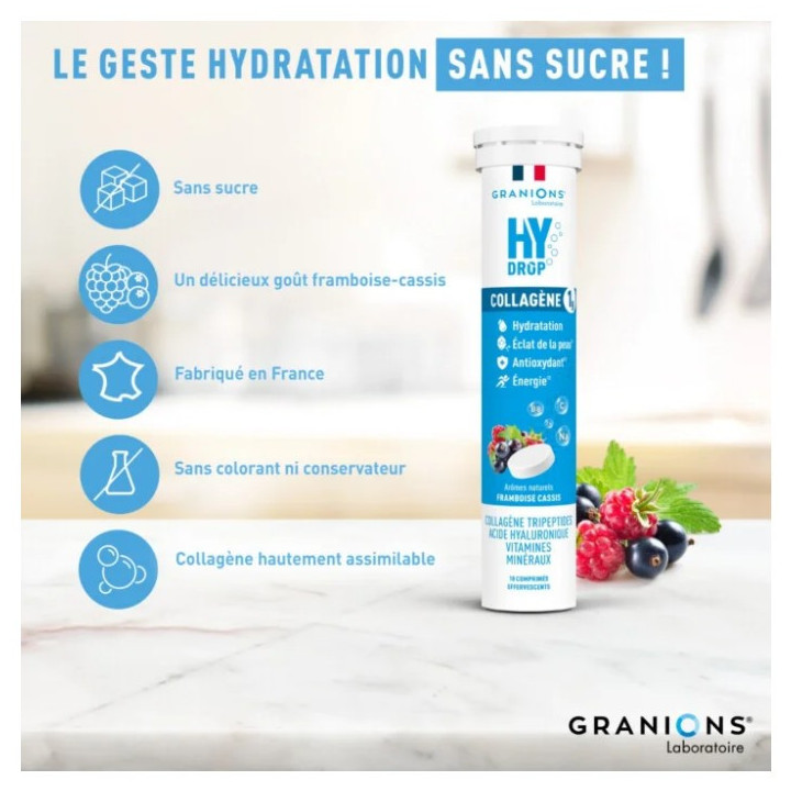 Hydrop Collagène Hydratation Électrolytes Framboise Cassis x18cpr effervescents - Granions - IllicoPharma