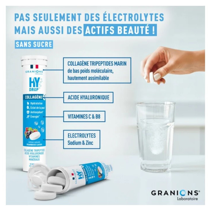 Hydrop Collagène Hydratation Électrolytes Framboise Cassis x18cpr effervescents - Granions - IllicoPharma