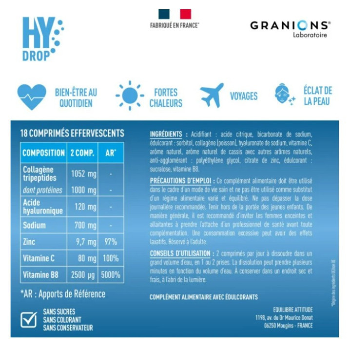 Hydrop Collagène Hydratation Électrolytes Framboise Cassis x18cpr effervescents - Granions - IllicoPharma