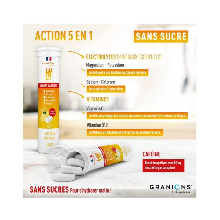 Hydrop Boost Caféine Hydratation Électrolytes Citron x20 effervescents - Granions - IllicoPharma